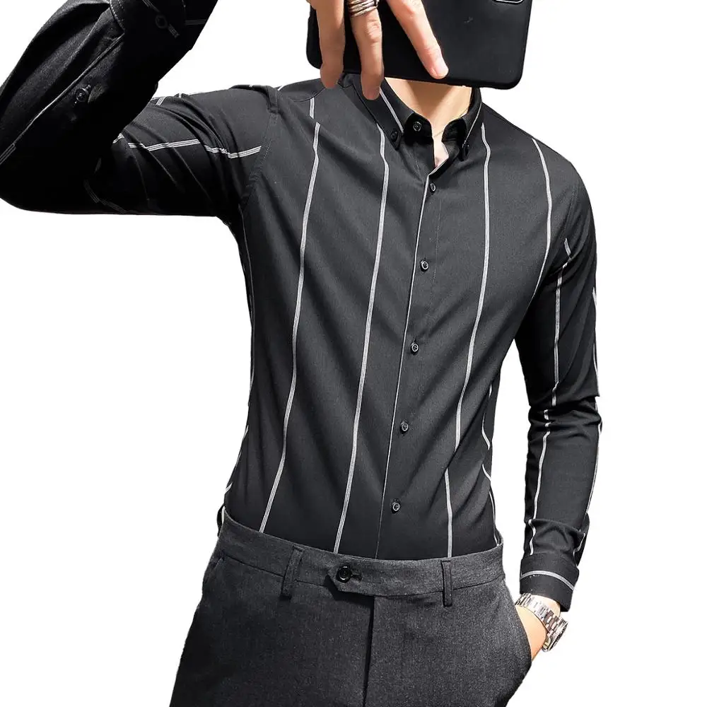 

Fashion Spring New Business Striped Shirts for Men Clothing 2021 Simple Long Sleeve Slim Fit Casual Blouse Homme Black/White 3XL