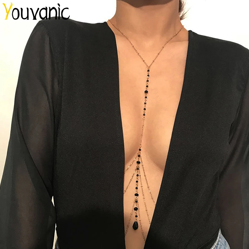 Youvanic Boho Сексуальная черная цепочка для тела со стразами женщин Многослойные