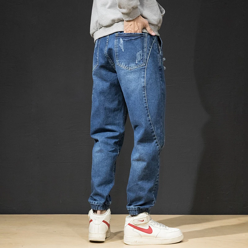 Модные уличные мужские джинсы свободного покроя черные синие брюки-карго
