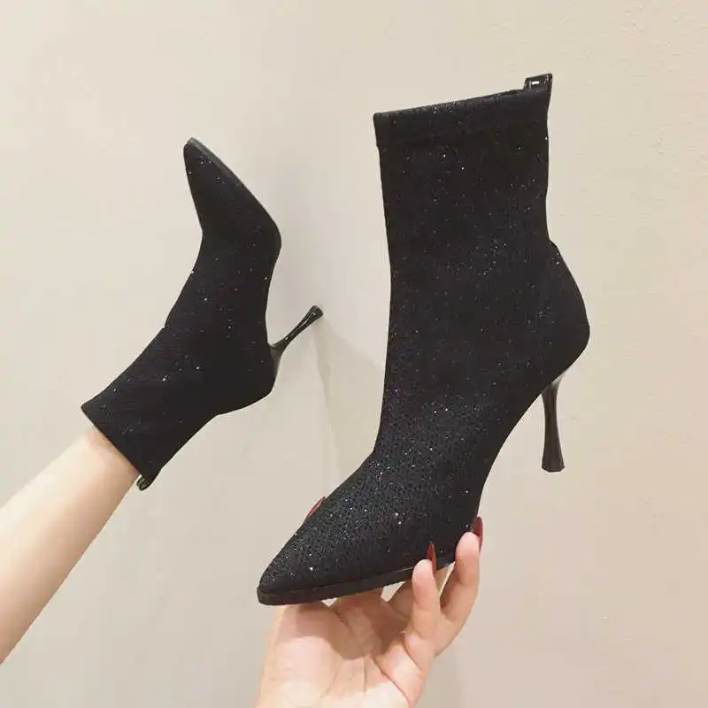 

high heeled boots women's thin heeled boots elastic boots new sexy net face pointed boots in autumn and winter of 2021