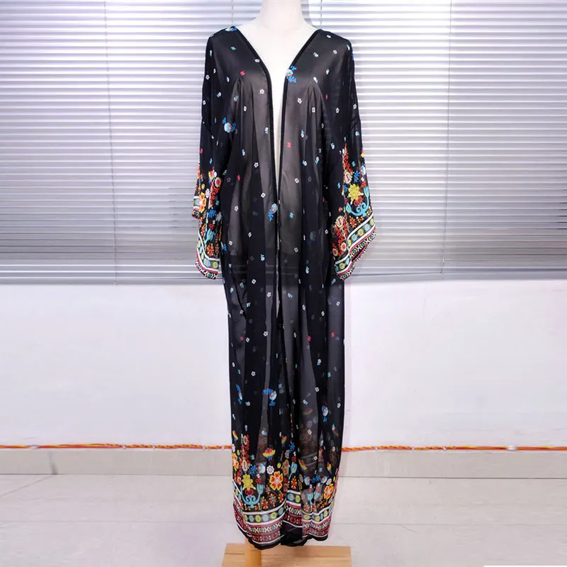 Накидка парео пляжная одежда черное шифоновое платье с цветочным рисунком