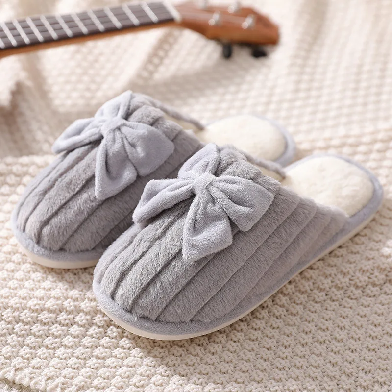 Женские меховые тапочки с бантом мягкие домашние хлопковые тапки пенным