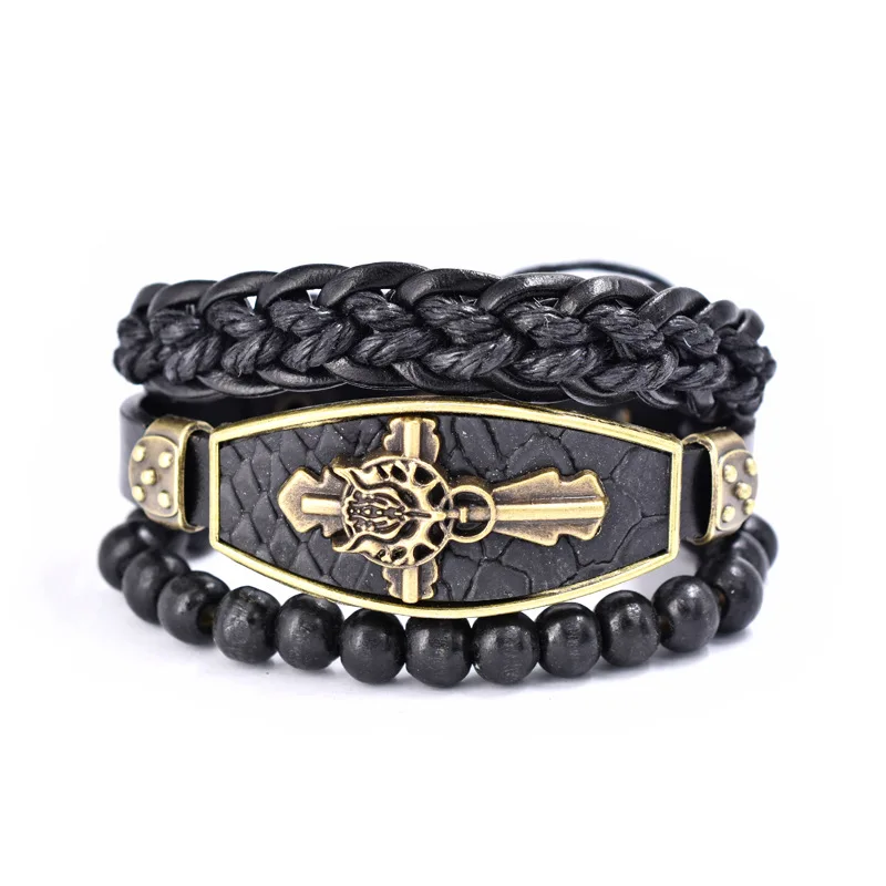 

Cross Charm Wooden Beaded Cuff Wrap Leather Bracelet Adjustable for Men Women