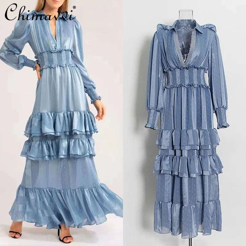 

High Street All-matching Elegant 2021 Summer V-neck Lantern Sleeve Slimming Ruffled Solid Color Dress Women's New Sweet Dress