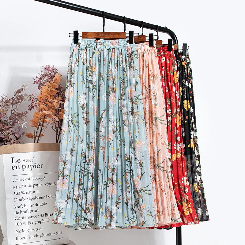 

CAIFISH Floral Print Women Skirt Summer High Waist A-line Midi Skirt Beach Chiffon Elegant Pleated Skirts QT1378