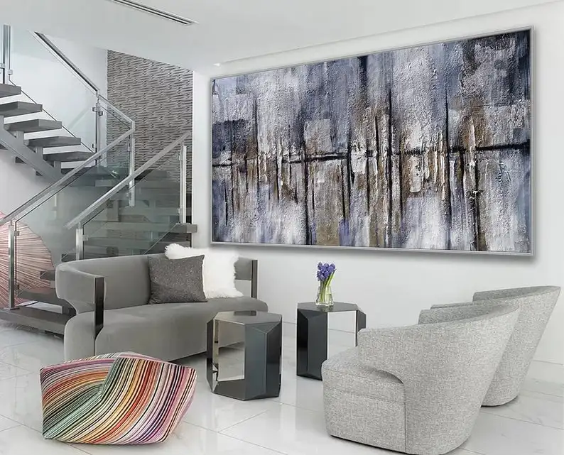 

Extra Large panoramic Silver Leaf Black Simple Easy Abstract wall Oversize Minimalist Acrylic Canvas Painting Light Blue White