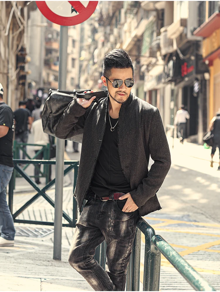 New Spring Retro Black Fur-trimmed Casual Slim Black European Style Suit for Men Stand Collar Men Suit Blazer Brand F8288