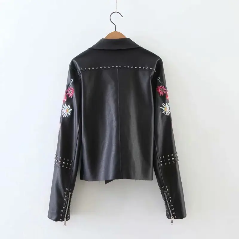 women autumn pu leather jacket 2019 fashion girls ladies embroidery rivet zipper elegant female winter cool biker jackets | Женская