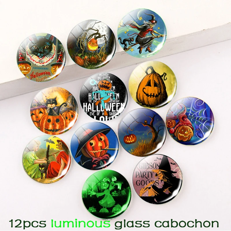 

12Pcs Glow In The Dark Halloween Theme Glass Cabochon Pumpkin Lantern Skull Halloween Jewelry Making Supplies 12,16,20,25,30Mm