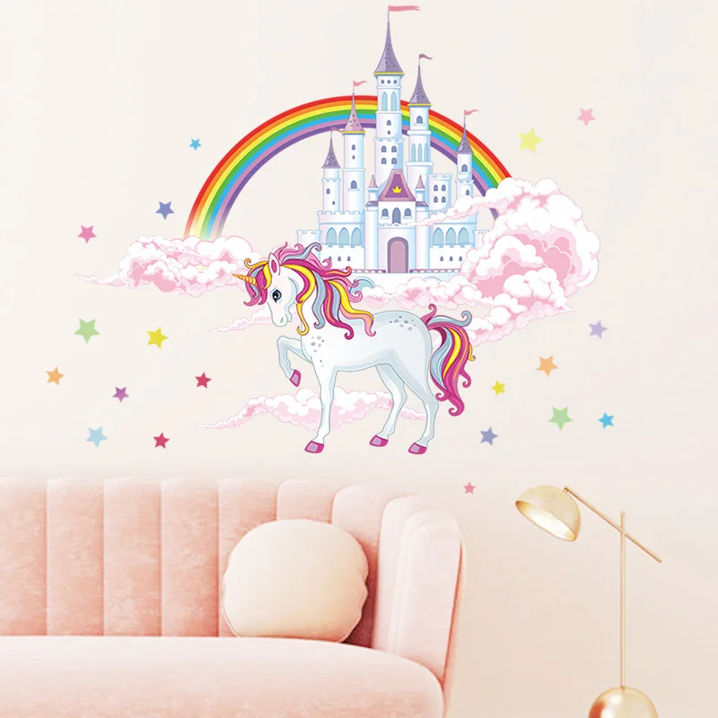 Stars Colorful Rainbow Pink Princess Castle Unicorn Wall Sticker For Girls Kids Bedroom Decor Vinyl Mural Decals | Дом и сад
