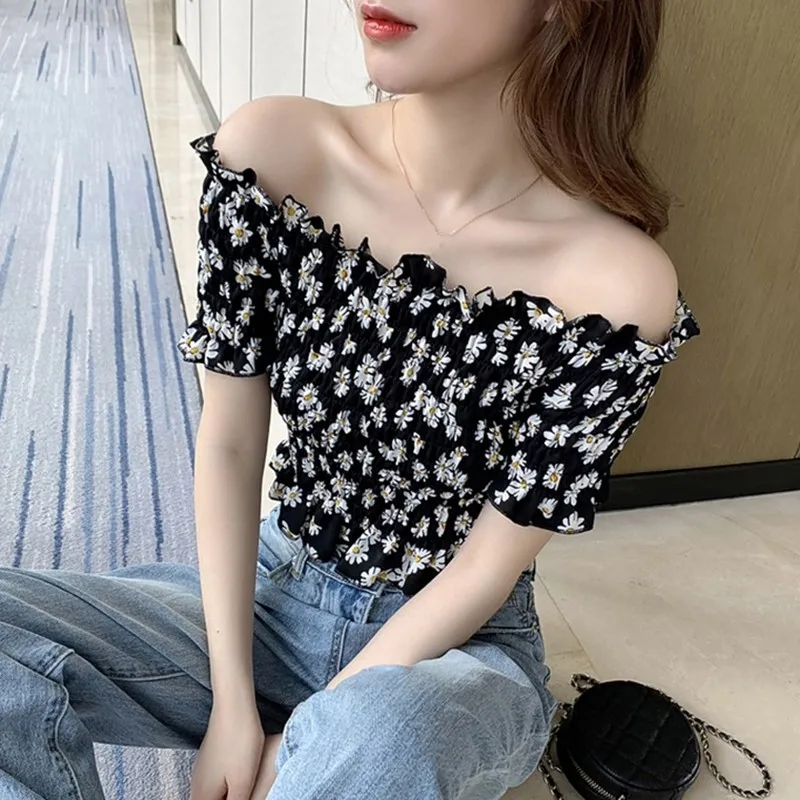 Женский укороченный топ с коротким рукавом футболка цветочным принтом оборками