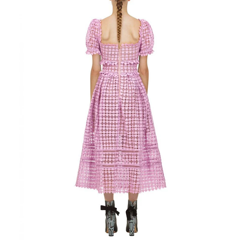 

VGH Patchwork Lace Summer Dress For Women Square Collar Puff Sleeve High Waist Midi Dresses Female Fashion New Clothing 2021