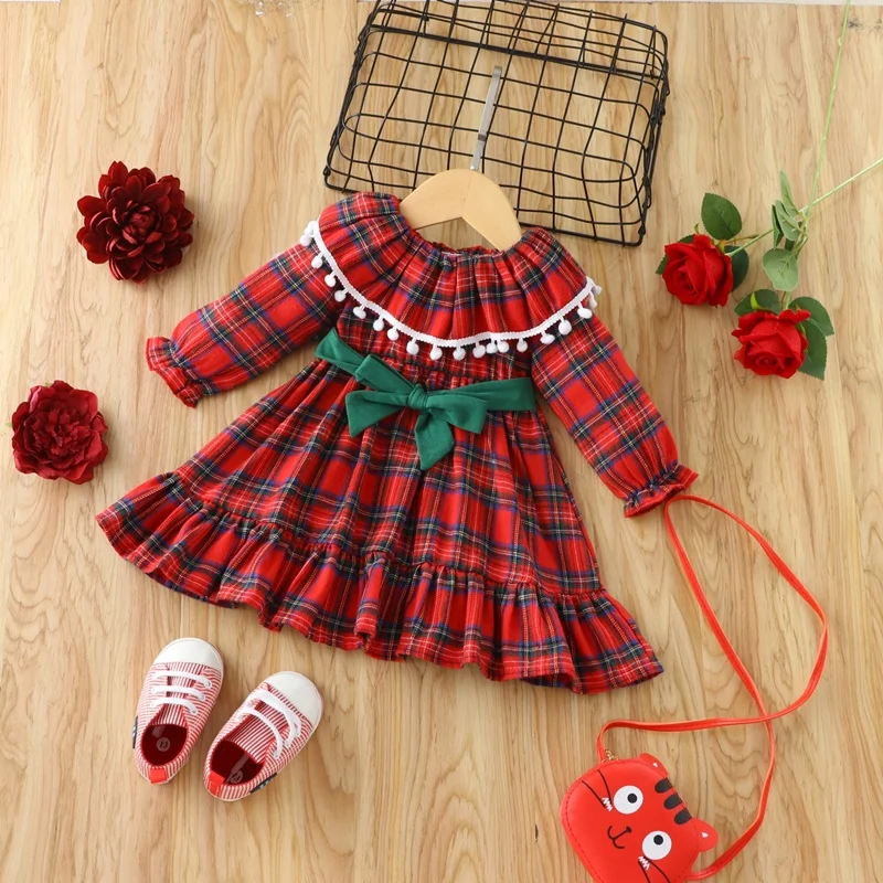 

Toddler Girl Fall Clothes Sweet Plaid Long Flare Sleeve Belt Baby Girls Dress Party Festival Princess Dress Baby Clothes 0-3Y