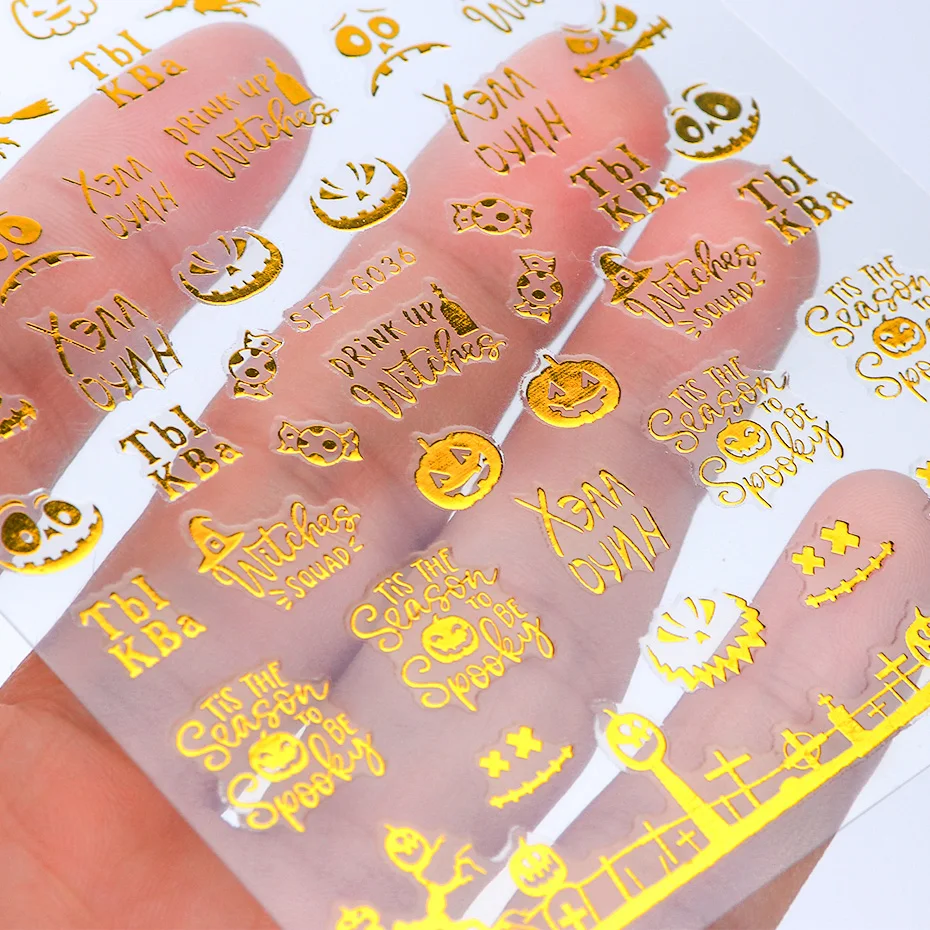1 шт. золотистые 3D наклейки для ногтей Слайдеры Хэллоуина с черепом котом пауком
