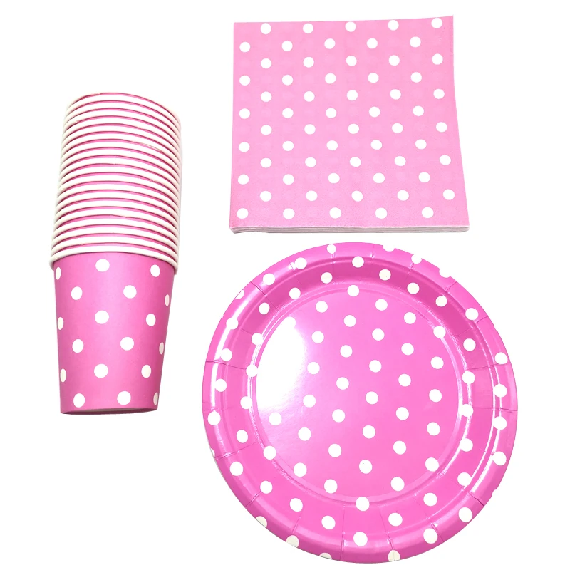 

Decoration Plates Cups Baby Shower Girls Favors Pink Polka Dots Theme Glass Happy Birthday Party Events Paper Napkins 60pcs/lot