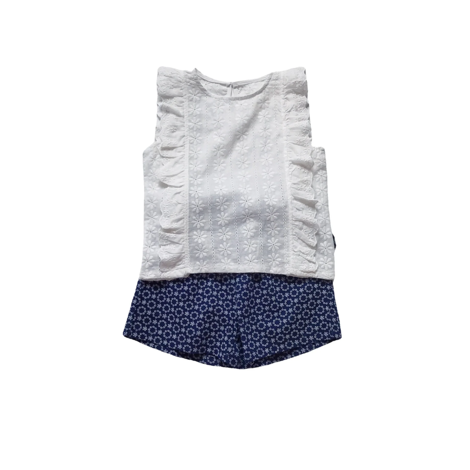 

2021 Summer Kids Baby Girl White Sleeveless Clothes Blouse and Blue Printed Shorts Set for Girls Children Toddler Girls Age2-7