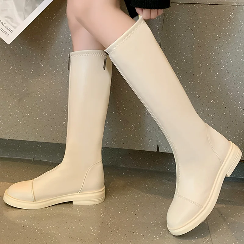 

Round Head Square Heel Mid Calf Long Tube Women's Casual Boots 2022 Winter New Fsahion Platform Front Zipper Women's Boots