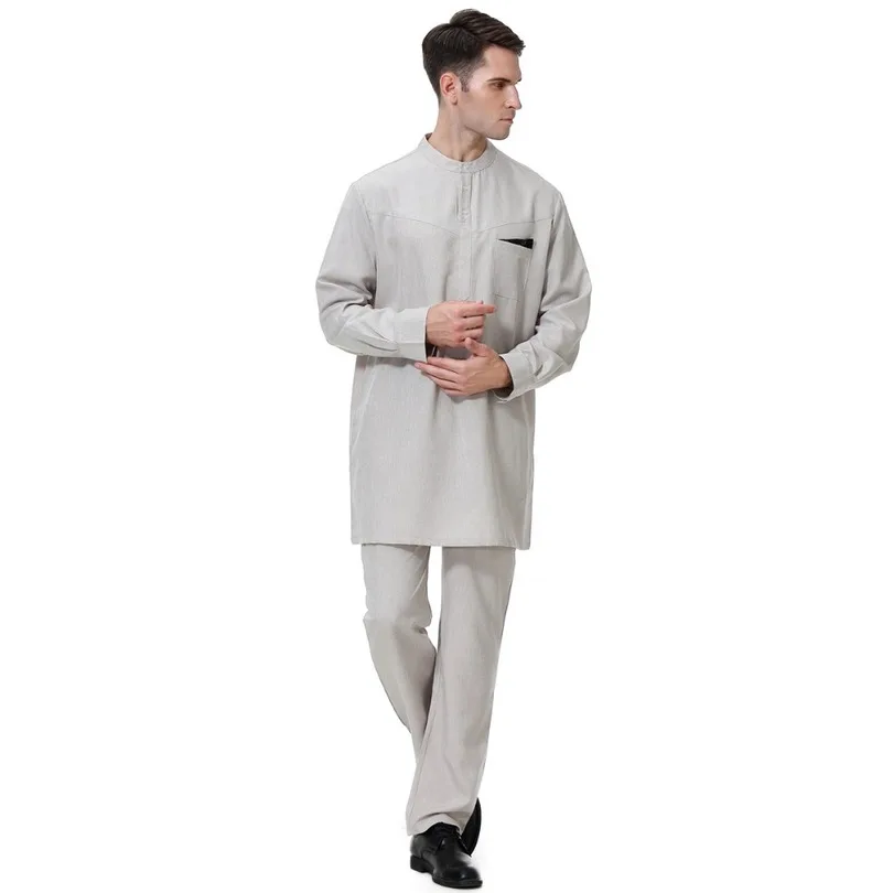 2020 New arrive muslim men robe Islamic abaya clothing with pants suit arabic dubai turkey Jubba thobe set male plus size S-3XL  - buy with discount