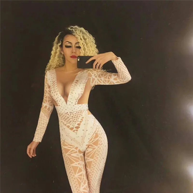 

D29 Singer stage costumes proom white printed jumpsuit female rhinestones bodysuit dj crystal leotard stretch siamese women wear