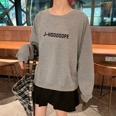 J-HOOOOOPE J-HOPE tumblr женские толстовки с капюшоном; сезон осень-весна повседневная толстовка с буквенным принтом хлопок K-pop Harajuku Корейская одежда - Цвет: Серый