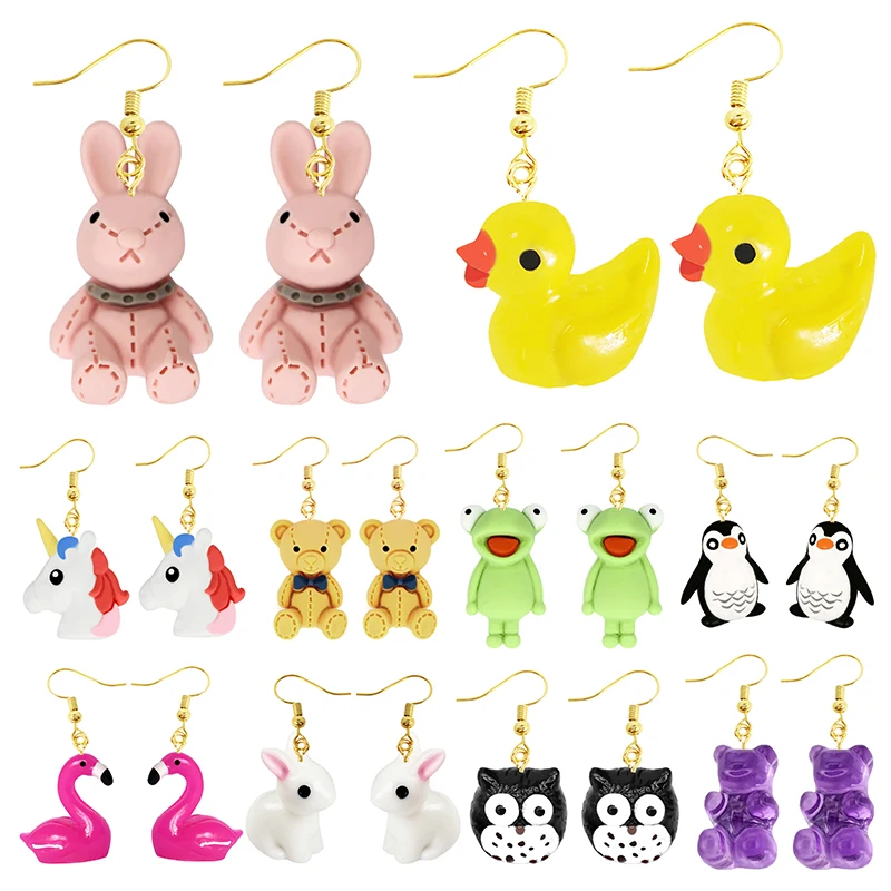 Women Earring Resin Drop Funny Custom Cute Girls Gift Eardrop Kids Animal Duck Frog Rabbit Owl Cub Gummy Flamingo