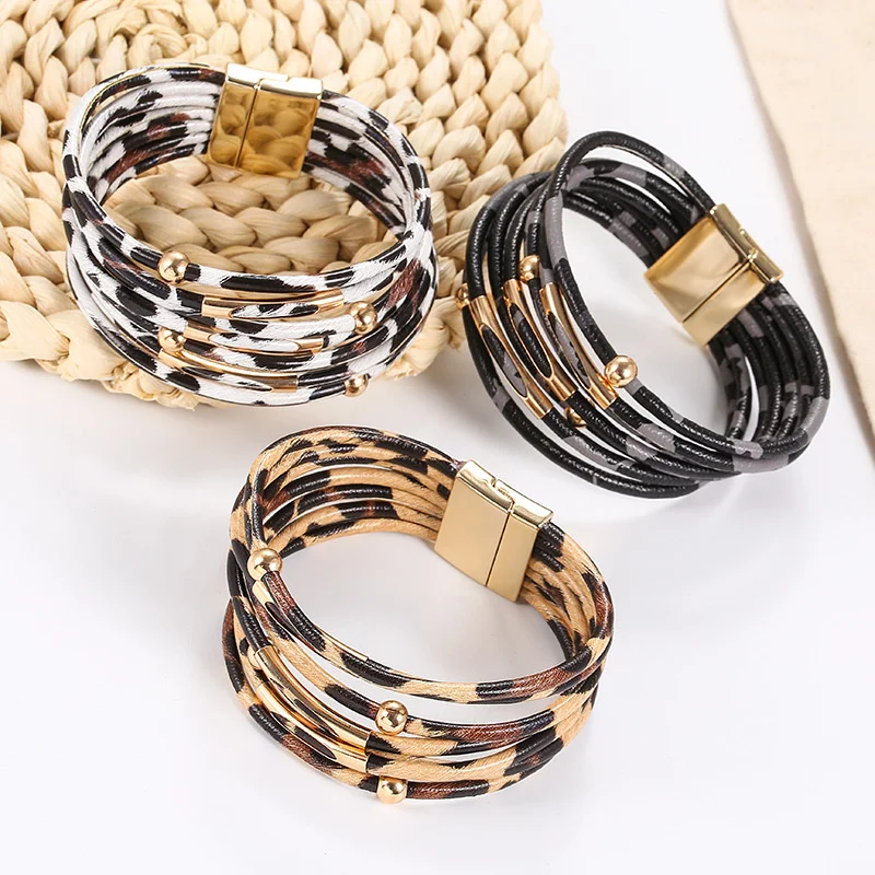 

New alloy leopard pattern magnet buckle leather bracelet wholesale wear beads leather rope bracelet copper tube bracelet jewelry
