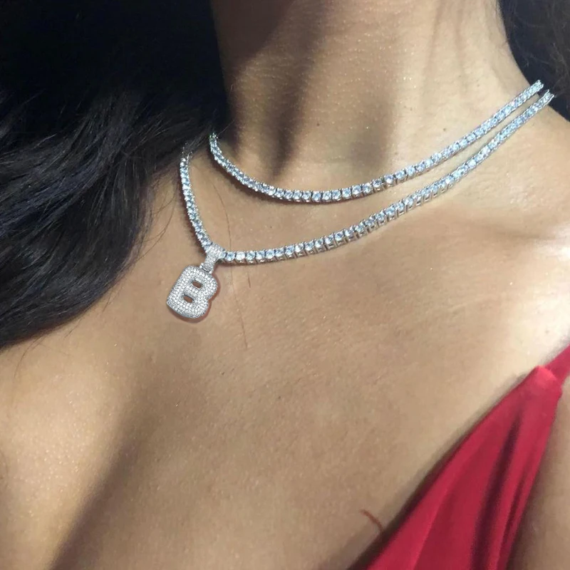

Custom Letters Necklaces Men Women Alphabet Pendant Personality Name Stainless Steel Chain CZ 3mm Tennis Chain Necklace