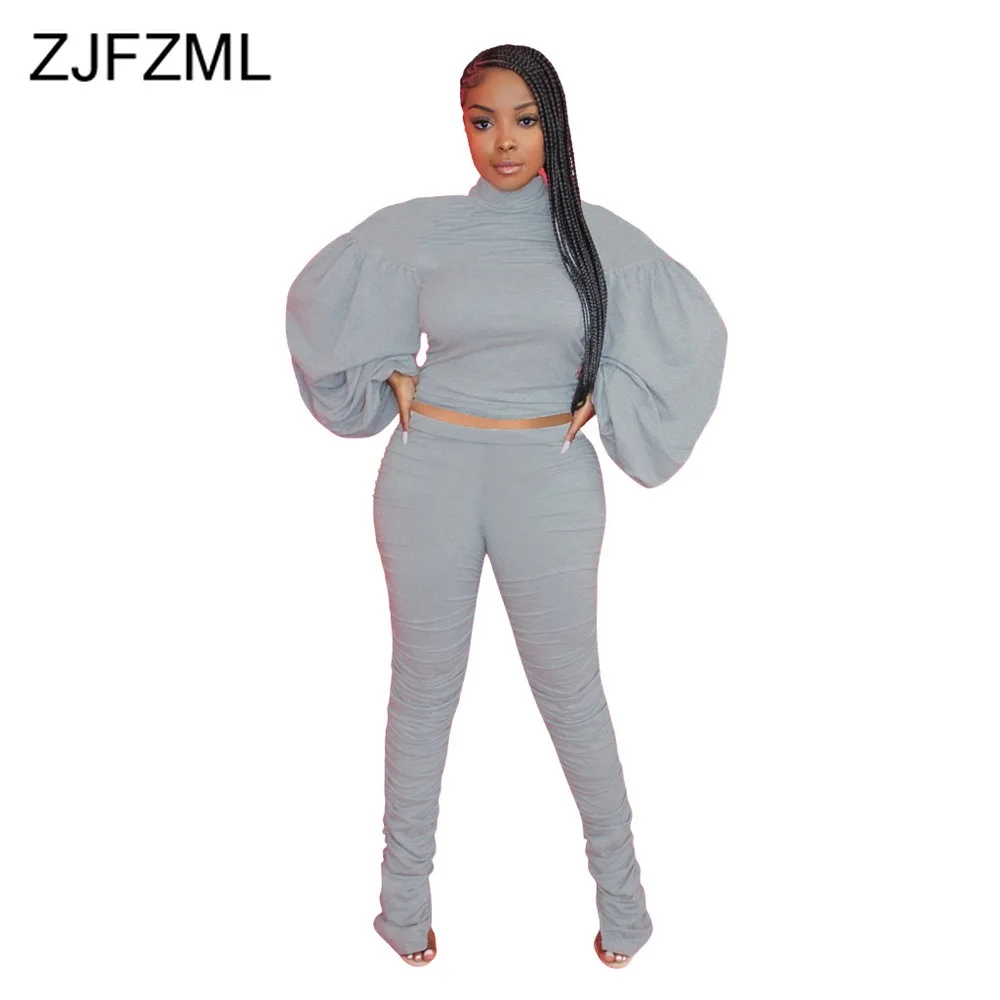 

Solid Stacked Two Piece Sets Women Tracksuit Long Lantern Sleeve Slim Crop Top+ruched Legging Sporty Tracksuits Female Outfits