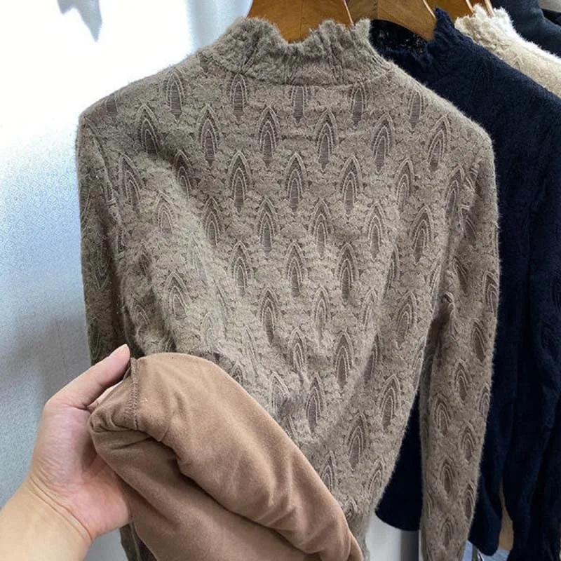 

EBAIHUI 2021 Fall Winter Ruffles Sweater Half High Collar Ruched Women Sweaters Elegant Slim Fit Fleece Knitted Lace Pullover