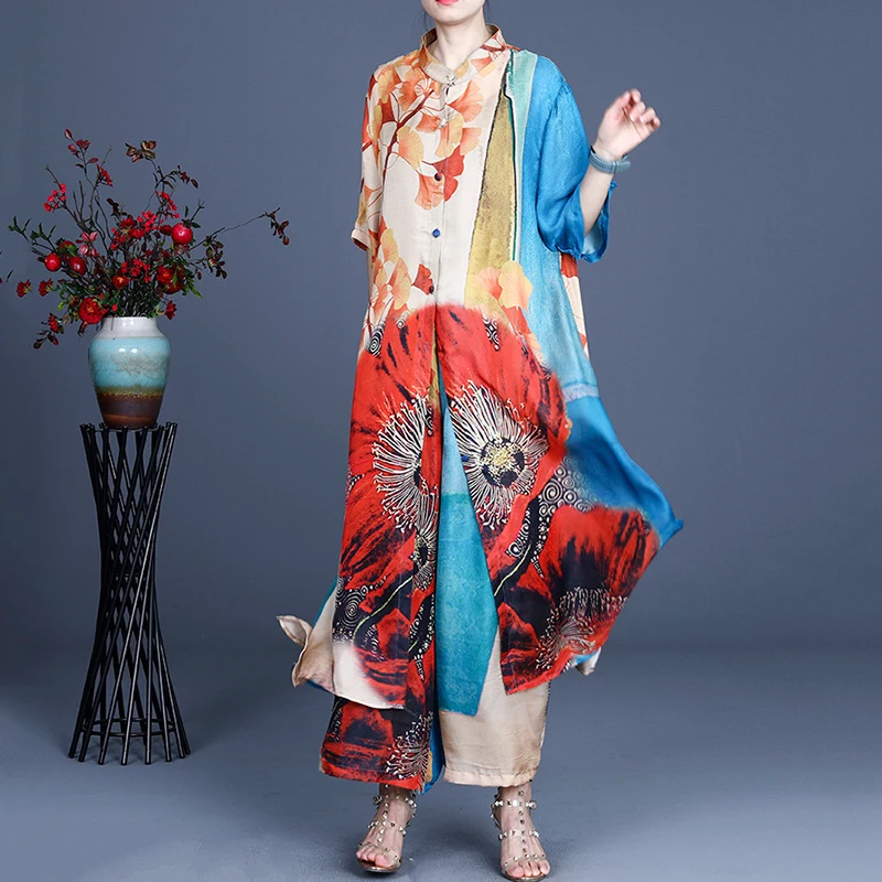 

SeeBeautiful Two Piececs Printed Stand Short Sleeve Loose Dress Elastic Waist Wide Leg Pants New Fashion Summer 2021 Woman E531