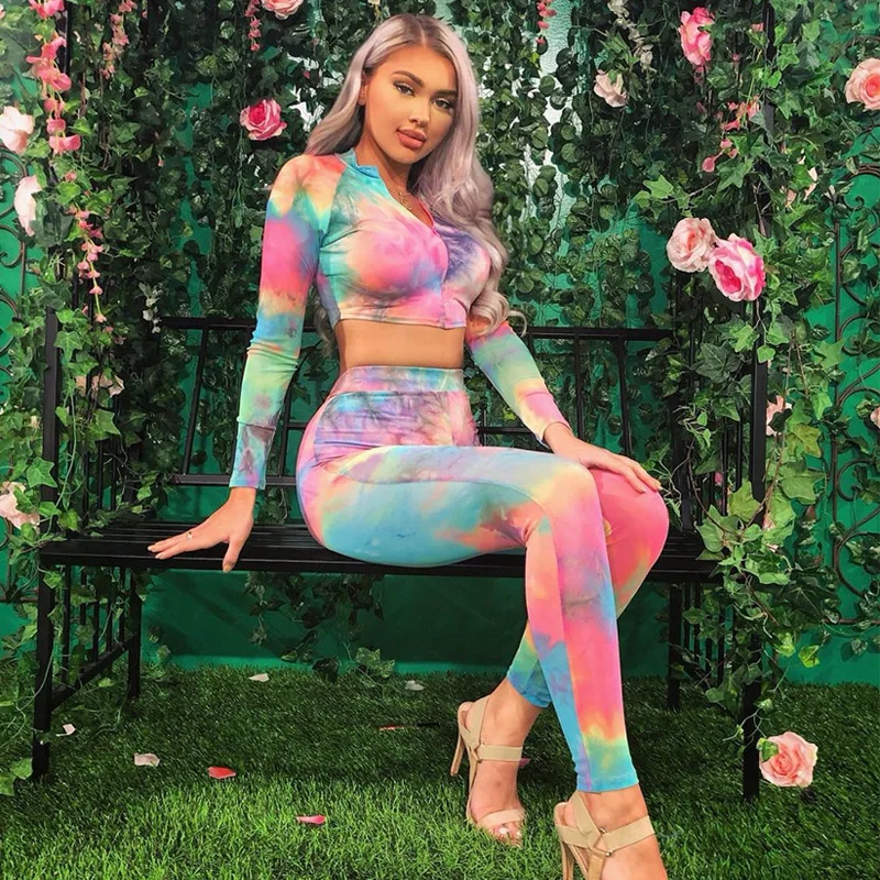 

Women Fashion Tie Dye Sports Clothing Sets Long Sleeve Crop Top + High Waist Bodycon Pants Lady Autumn CasualTracksuit Outfits