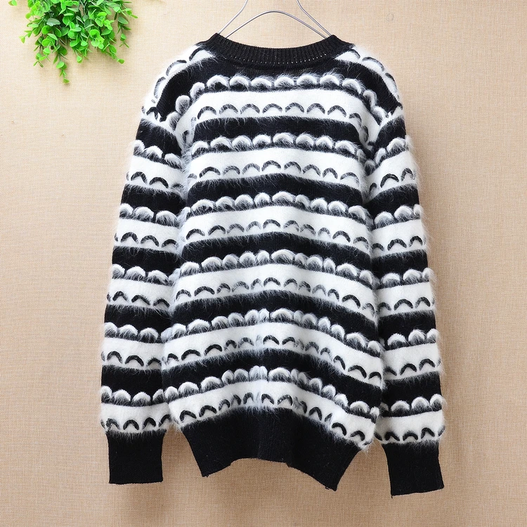Black and white striped lace pattern sweater ladies bottom pullover velvet products Angora rabbit fur round neck | Женская одежда