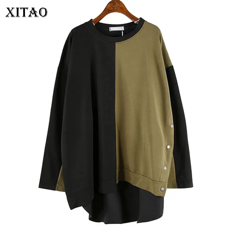 XITAO Сращивание контрастного цвета с круглым вырезом футболка длинным рукавом