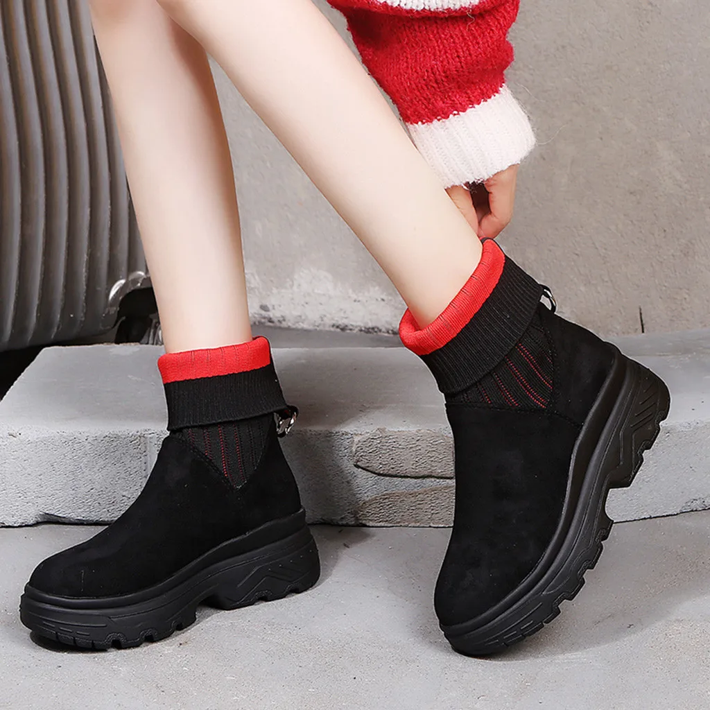 Женские ботинки без шнуровки черные повседневные из флока на платформе и низком