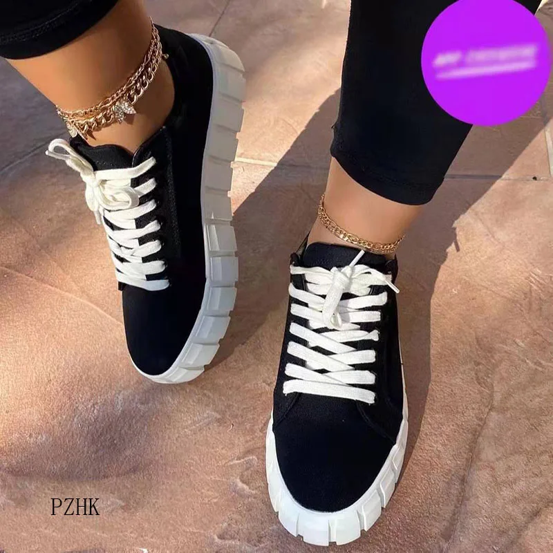 

New round-toe thick-soled lace-up canvas shoes women's large size independent stand printing white shoes single shoes