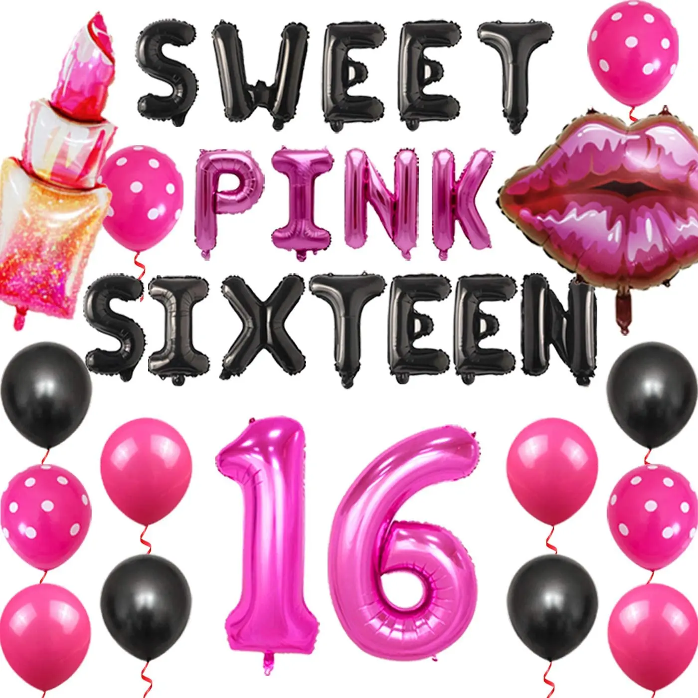

Rose Red Sweet Pink Sixteen Birthday Decorations Balloon Set for Girls 16 Year Old with Number 16 Lip Lipstick Foil Balloon