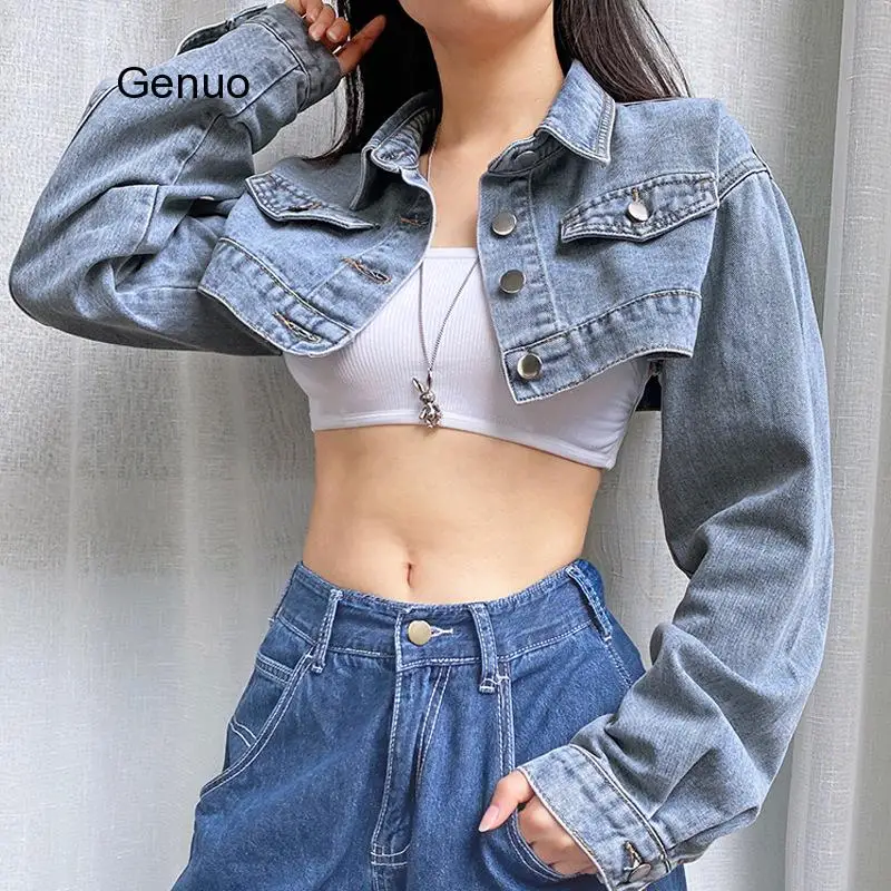 Куртка однотонный Короткий Женская джинсовая пикантный винтажный уличный жакет
