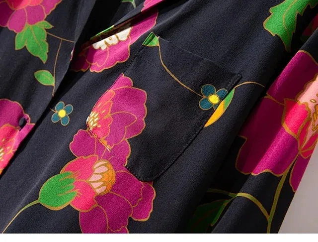 

Women Shirt Floral Print pajamas Sytle Turn-down Collar Single Pocket Blouse 100% Silk Long Sleeve Female Top