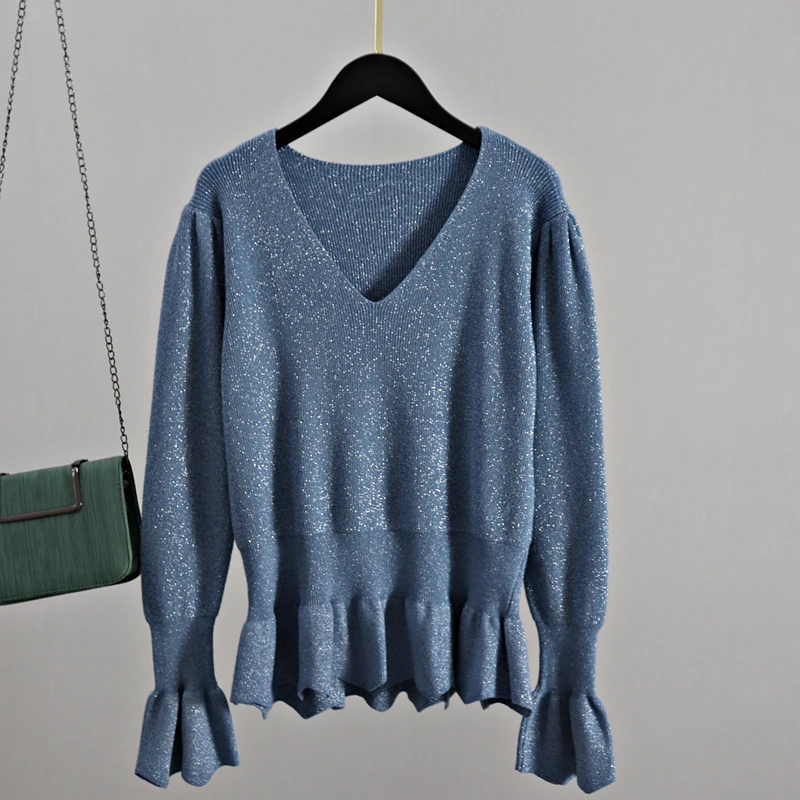 

Lucyever Sexy V-Neck Flare Sleeve Sweaters Women Autumn Winter Solid Color Knitted Pullovers Woman Loose Casual Sweater Female