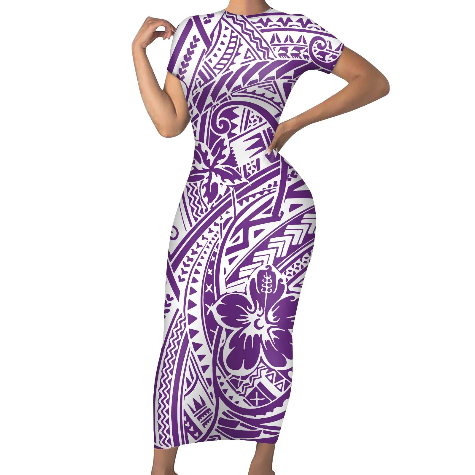 

HYCOOL Custom Plus Size Women Clothing American Samoa Hibiscus Design Sexy Casual Party Maxi Dress Bodycon Short Sleeve Dress