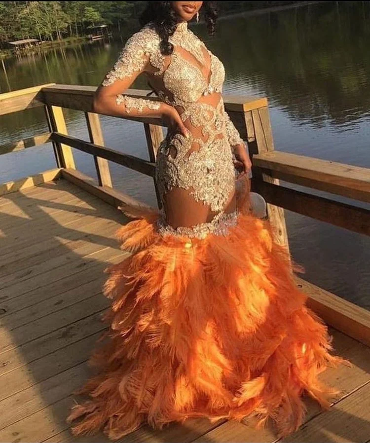 

Sexy Orange Long Mermaid Prom Dresses 2020 New Long Sleeve Applique Beading Feather Floor Length Formal Evening Dress Party Gown