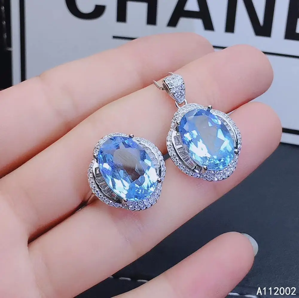 KJJEAXCMY fine jewelry natural blue topaz 925 sterling silver new women pendant necklace ring set support test luxury fashion