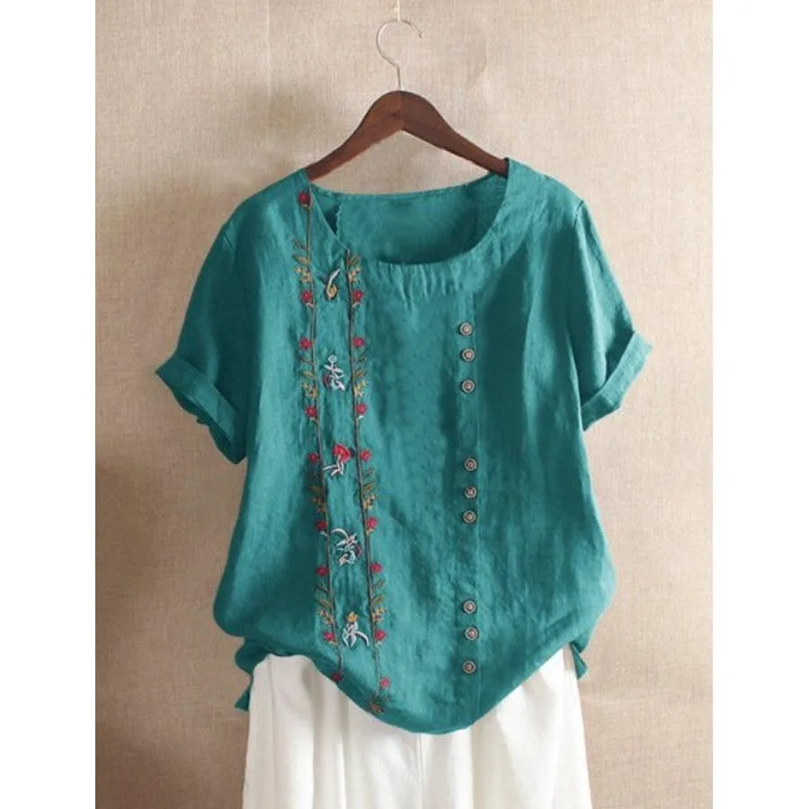 Женская блузка с вышивкой Повседневная хлопковая льняная рубашка большого