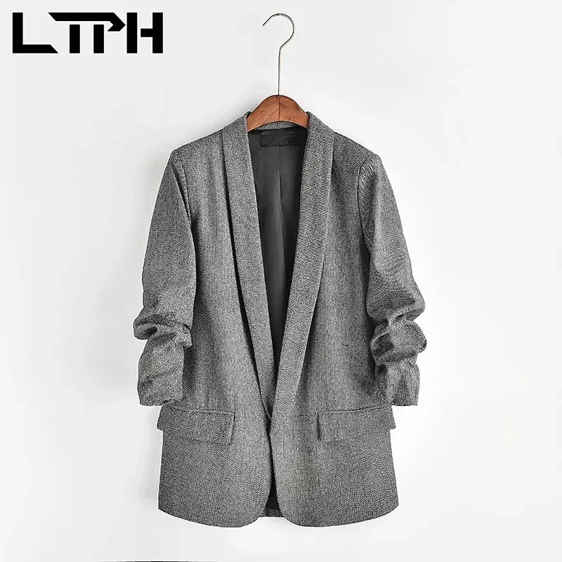 LTPH-Chaqueta delgada de longitud media para mujer, chaqueta informal sin cárdigan de botones, con bolsillos plisados, primavera 2021