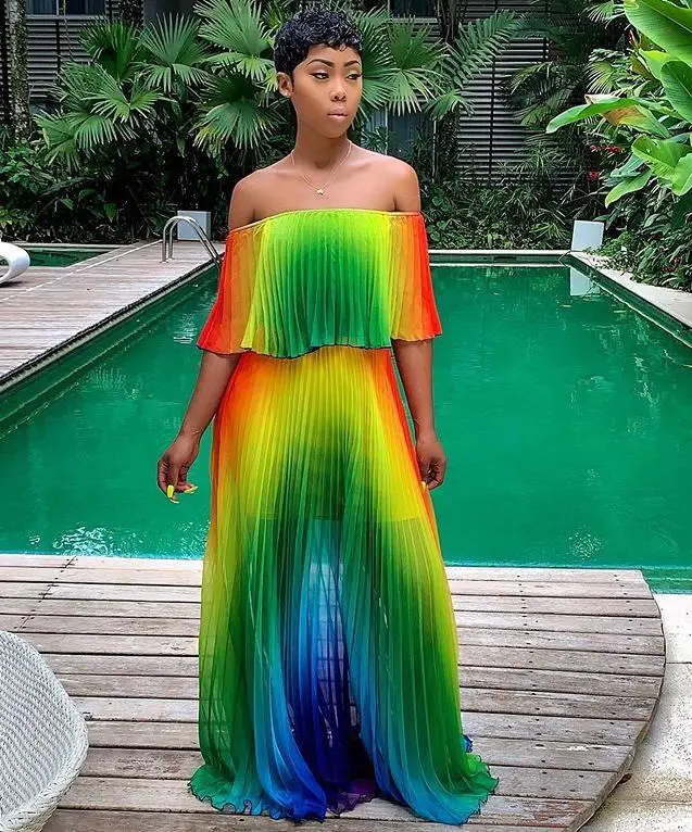 2019 женское пляжное платье с градиентным принтом шифоновое Плиссированное Платье