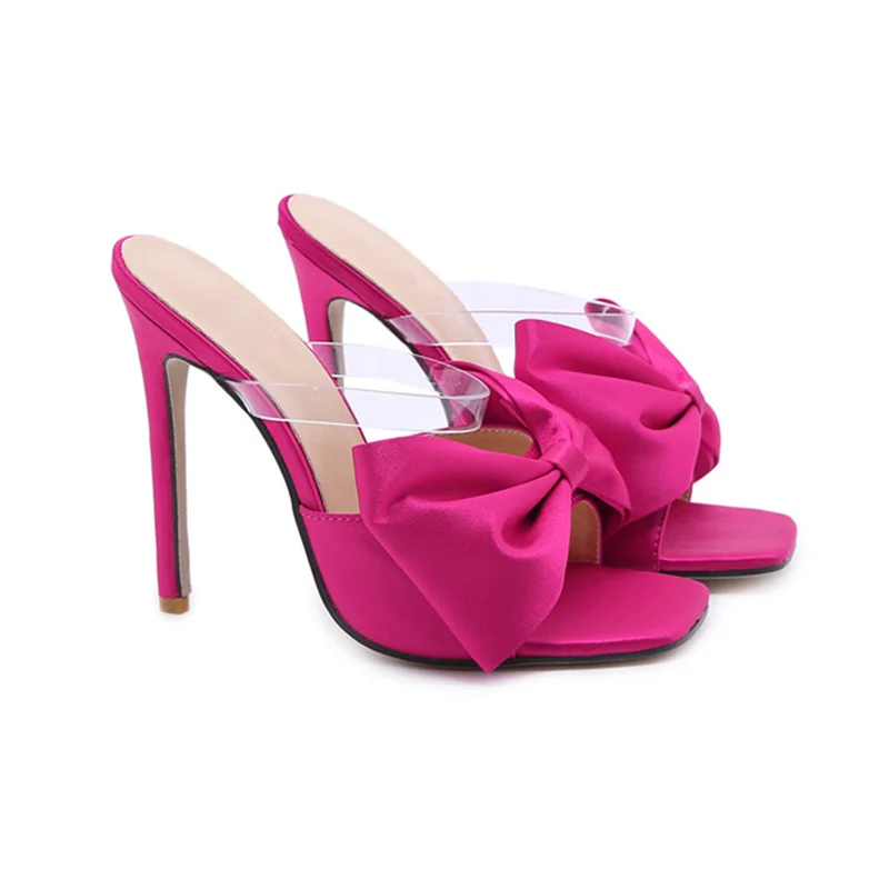 

[GOGD]2021 Casual Comfy Female Summer Fashion Women 11cm High Heels Sandals Square Toe Ladies big bowknot lattice-windows slippe
