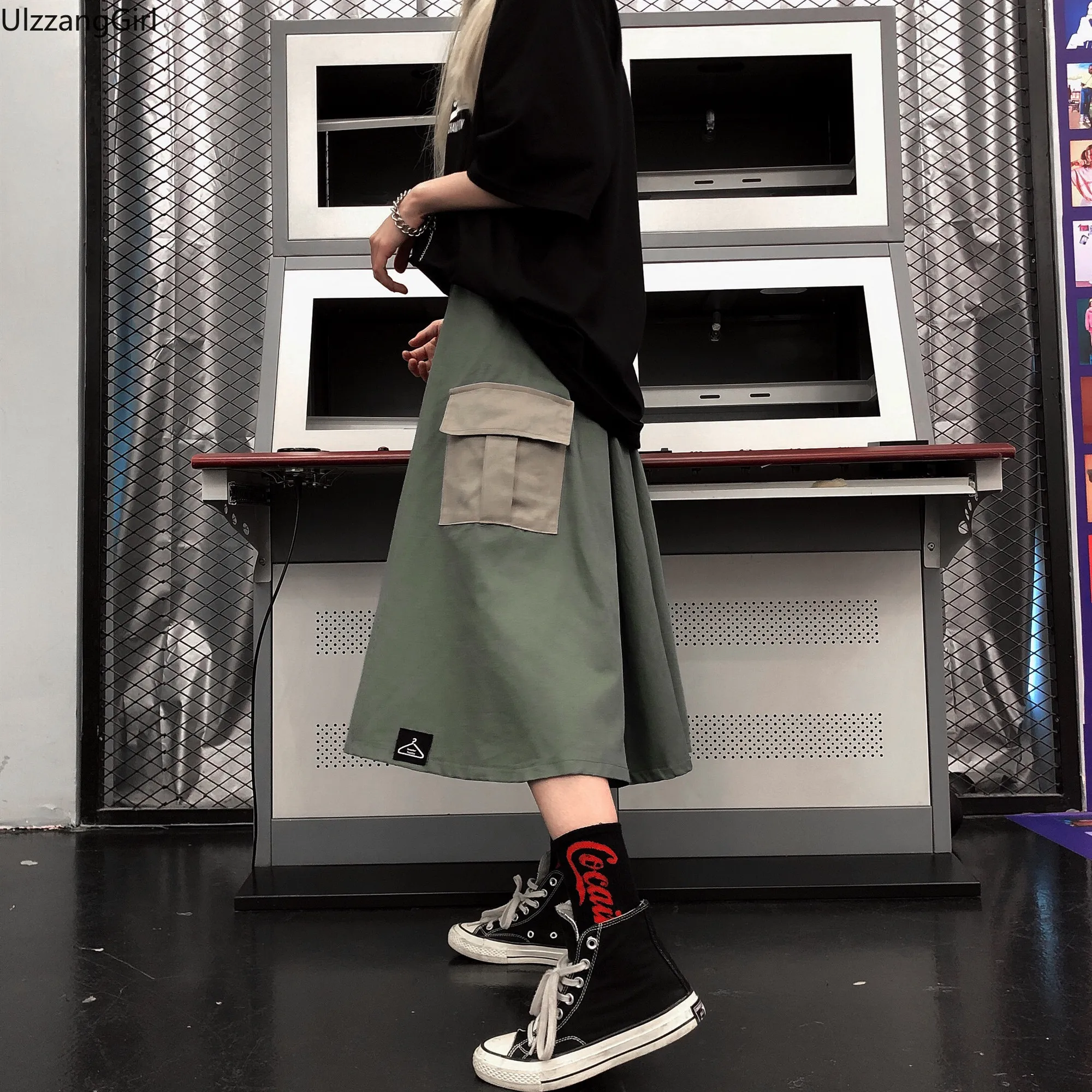Хаки камуфляж зеленый карман Высокая талия карго уличная Harajuku Корейская женская мода свободная А-силуэт длинная юбка миди летняя Mori Girl