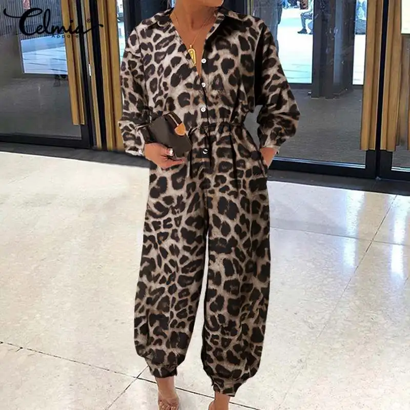 

Женские комбинезоны Celmia, пикантные комбинезоны с леопардовым принтом, комбинезоны с длинным рукавом, брюки-карго, повседневный Свободный к...