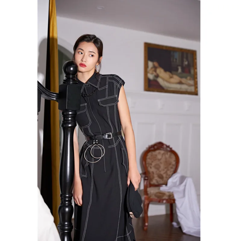 

2020 Spring Summer New Arrivals Turn Down Collar Short Sleeve High Waist Solid Pattern Women Streetwear Dress T684