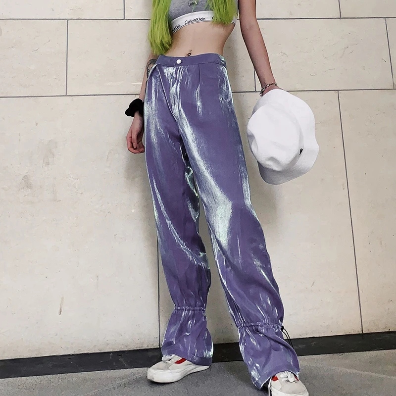 Голографические повседневные расклешенные брюки клеш хип хоп с высокой талией